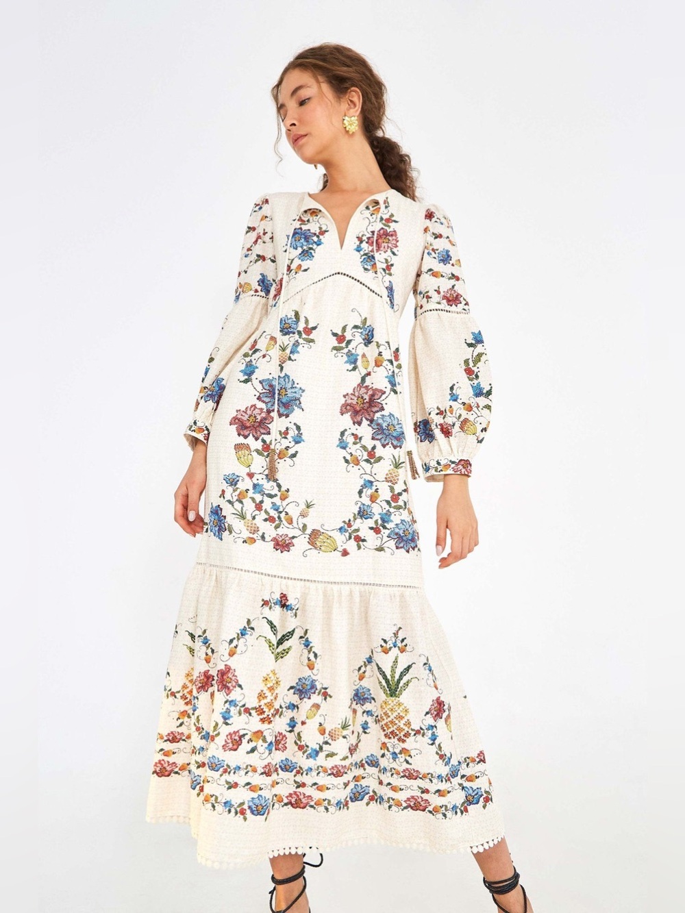 EUC Farm Rio Embroidered Fruit Maxi Dress In Multi